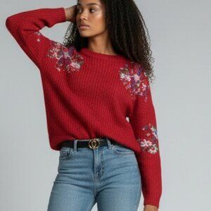 PepaLoves Red Floral Embroidered Sweater Size Large